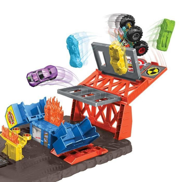Hot Wheels - Explosiva stationslåda - Monstertruckar - Mekanisk bärraket - 4 krockfordon - från 4 år och uppåt Flerfärgad