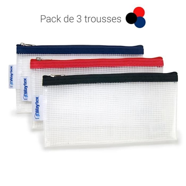 Plastpåsar - WAYTEX - Set om 3 - 22 x 11 cm - PVC-fri - Färgad dragkedja 1 svart, 1 röd, 1 blå