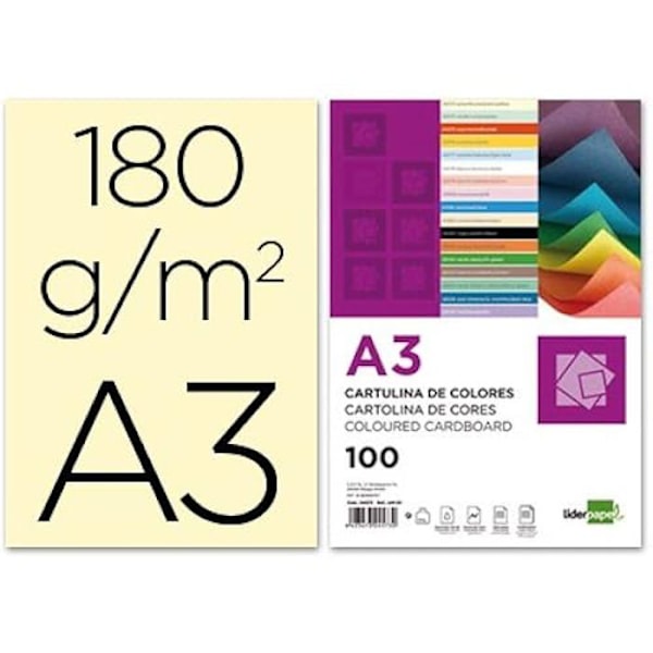 Papper Kartut A3 - LIDERPAPEL - 929703 - 180g/m2 - Grädde - Förpackning med 100 Blandade Gul (Grädde)