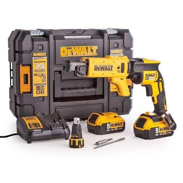 DEWALT 18V XR 5Ah Li-Ion sladdlös borstlös gipsskruvmejsel med 2 batterier och laddare i kartong TSTAK DCF620P2K-QW Gul