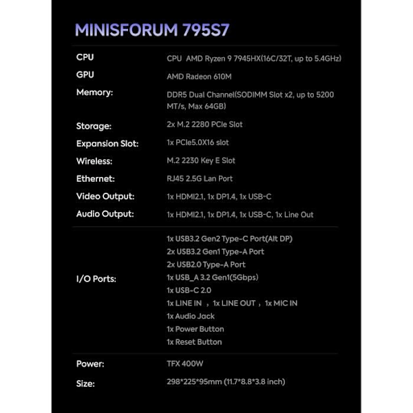 Mini PC - MINIS FORUM - 795S7 - AMD Ryzen 9 7945HX - 16C/32T - 5,4 GHz - Radeon 610M