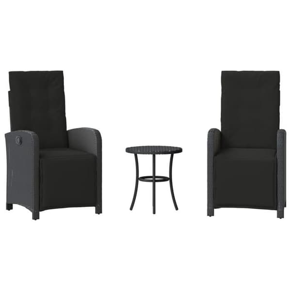 vidaXL Bistroset 3 delar med kuddar svart flätad resin 365201
