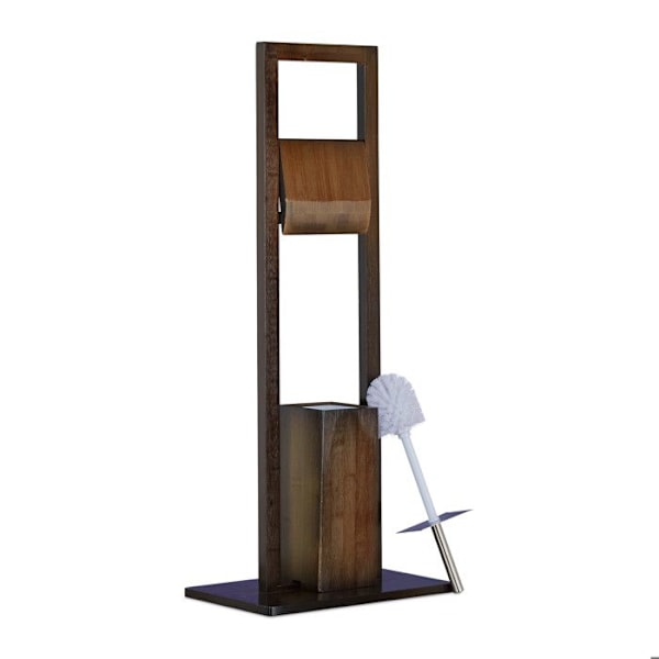 Relaxdays Ensemble Förvaringsställ för Toalettpapper och Toalettborste Med Stativ, Pappersdispenser i Bambu 82x36x21cm, Brun mörkbrun, vit, silverfärgad