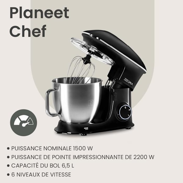 ZEEGMA Planeet Chef konditorirobot - 6,5 L - 2200W - Teflonbelagda tillbehör - 7-stegs hastighetsreglering - Svart Svart grå
