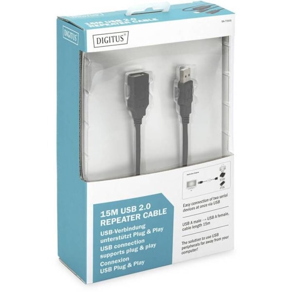 Digitus USB-kabel USB 2.0 USB-A hona, USB-A hane 15.00 m svart med USB, med förlängning DA-73101