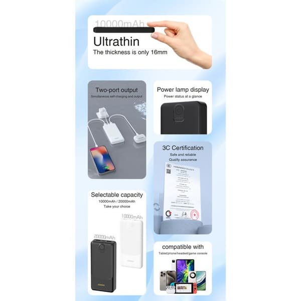 Extern batteri K10 10 000 mAh USB-A 12 W 2,4 A - vit
