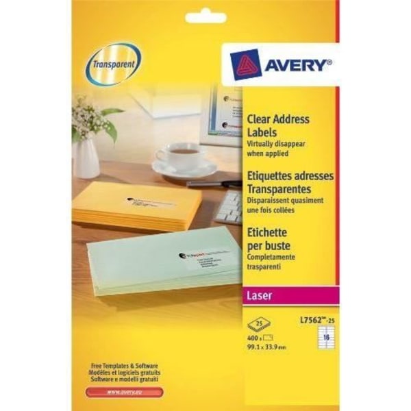 Avery Ref L7562-25 transparenta adressetiketter Laser 99,1 x 33,9 mm 16 etiketter/ark 400 etiketter totalt (Royal Import...