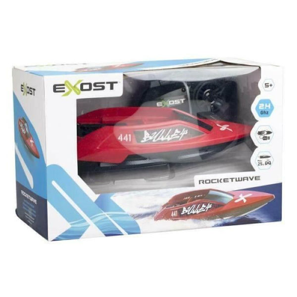 Radiostyrd båt - Exost - Rocketwave - Röd och svart - Batteri - 2,4Ghz - Gun röd och svart