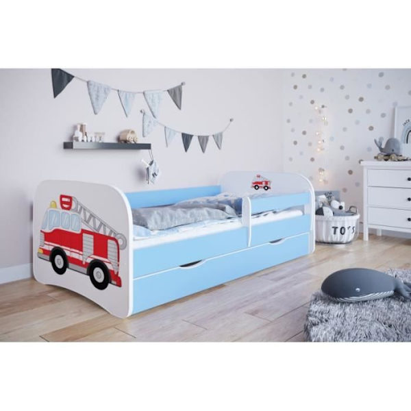 Blå brandman barnsäng - Kocot Kids - 1 plats - 70x140 cm - Spröjs - Trä - Utan madrass Blå