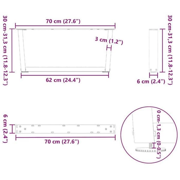vidaXL V-formade soffbordsfötter, 2 delar, antracit, 70 x (30-31,3) cm, stål 4012618
