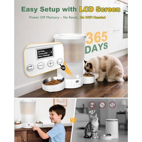 Automatisk foderdispenser - GIMARS - 5L - 2 rostfria skålar - Timer 1-6 måltider