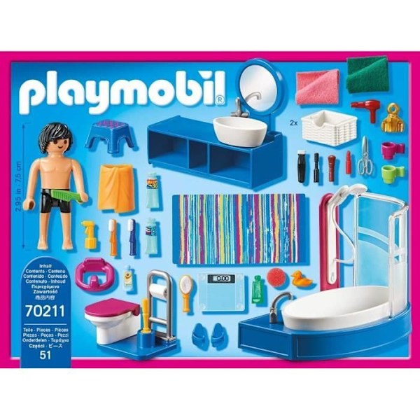 PLAYMOBIL 70211 Badrum med badkar, dockskåp La Maison Traditionnelle, 51 stycken, från 4 år och uppåt Blå