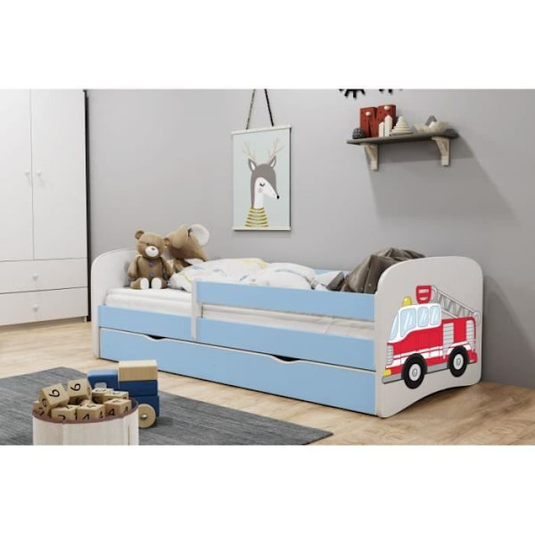 Blå brandman barnsäng - Kocot Kids - 1 plats - 70x140 cm - Spröjs - Trä - Utan madrass Blå