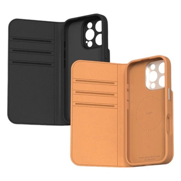 Moshi Overture MagSafe - 3-i-1 läderfodral med lock för iPhone 16 Pro (Kol svart)