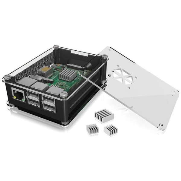 ICY BOX Raspberry Pi-fodral för Raspberry Pi 3 B+, Transparent, 3 kylflänsar, Fläktöppning, Svart -