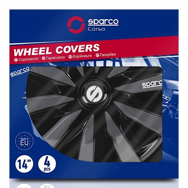 Sparco Lazio 14" svarta och grå navkapslar - Set om 4 - SPARCO licens - Studerad design och kvalitetsfinish svart och grått