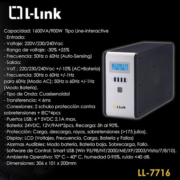 Onduler - L-Link - Sai 1600 VA - 900 Watt - USB-port - LCD-skärm