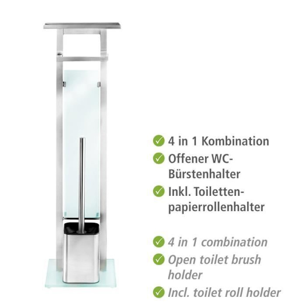 Debar 4in1 WC Caddy, Toalettborste och toalettpappersdispenser med förvaringshylla, Rostfritt stål - härdat glas, 21x70,5x18