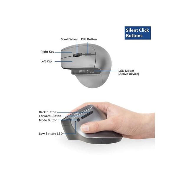 ACT trådlös ergonomisk mus med Bluetooth och USB-C / USB-A svart