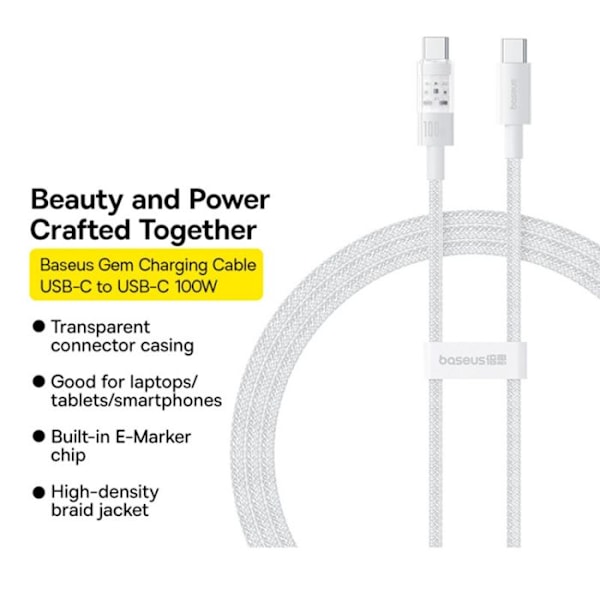 USB-C till Type-C-kabel, Super Snabbladdning 100W, 2m - Baseus Gem (P1037373000211-01) - Vit Måne
