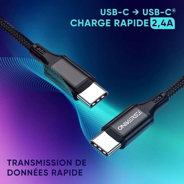 USB-C-kabel - ONIVERSE - Typ C till Typ C 3 m - Snabbladdning 2,4 A - Förstärkt flätad - Kompatibel med PS5/Xbox/Switch/iPhone 15