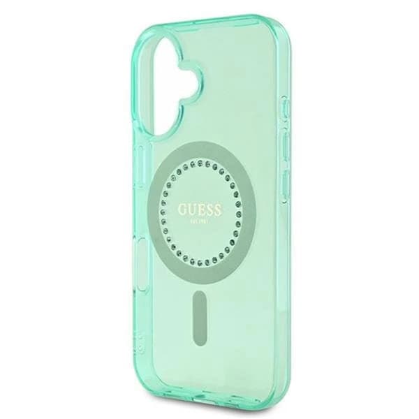 Coque Guess IML Rhinestones MagSafe för iPhone 16 Plus - Grön Grön