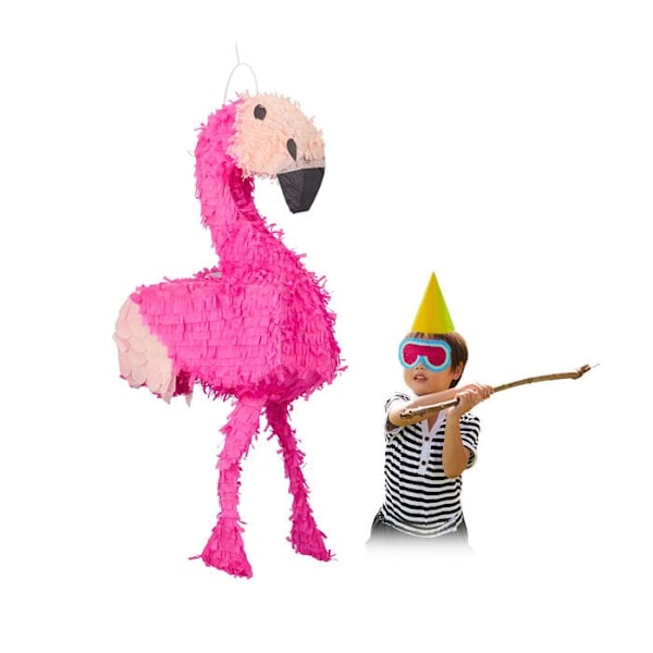 Relaxdays Flamingo hängande Pinata för barn att fylla i födelsedagsspel HxBxD: 80 x 40 x 14 cm, Rosa-Blekrosa rosaröd, svart