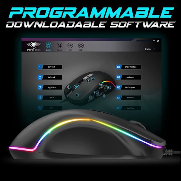 SPIRIT OF GAMER, trådbunden gamermus för PC 12800 DPI, 10 programmerbara knappar, 13 RGB-effekter, Ergonomisk spelmus Svart