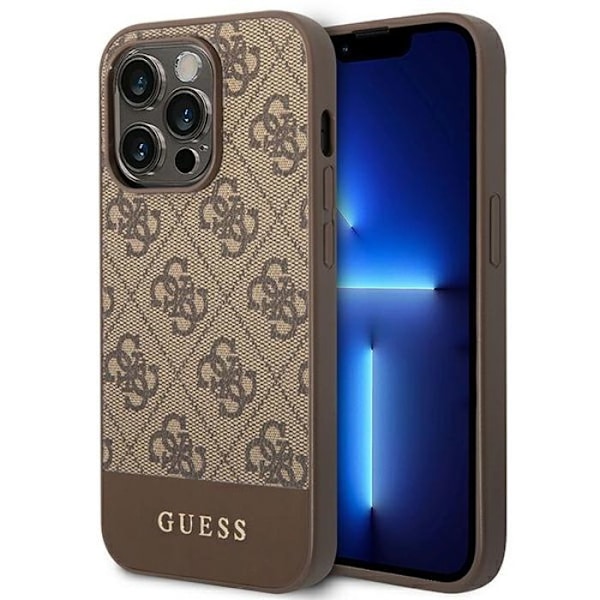 iPhone 14 Pro-fodral - Guess - 4G Bottom Stripe - Biologiskt läder - Brun - Semi-rigid kastanj