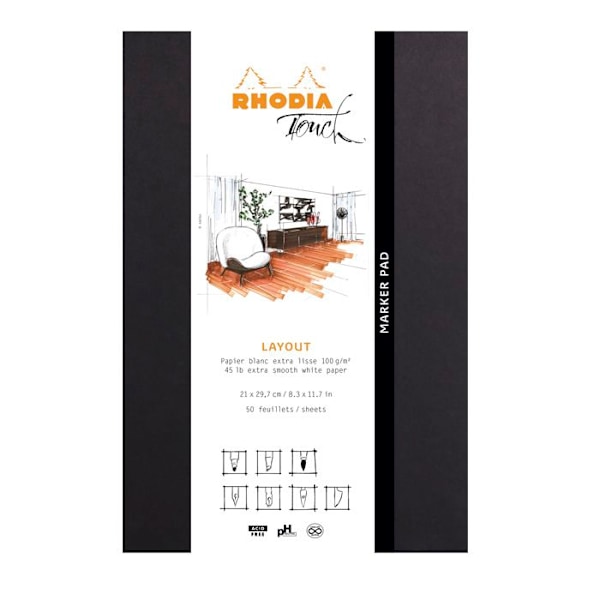 Canvas pad A4+ 50f vanlig vit papperslayout Rhodia Touch Marker svart