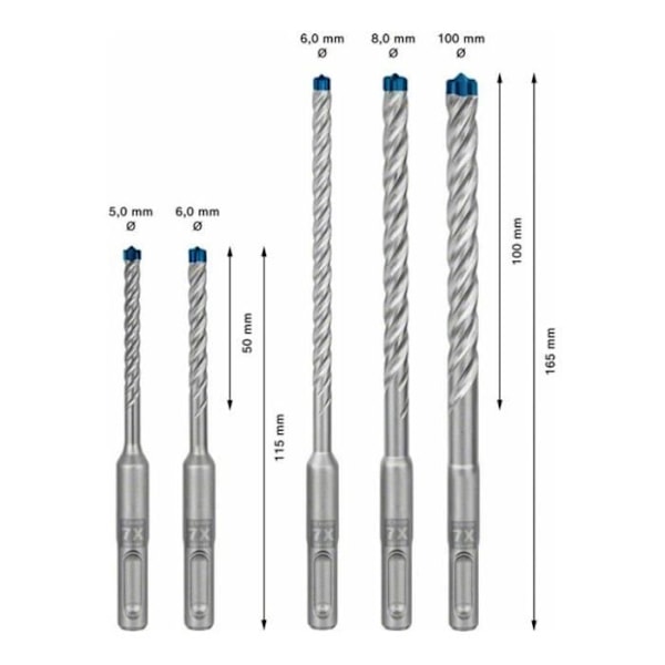 Borrsats - BOSCH - 7X - 5 borr - SDS Plus - Hårdmetallhuvud