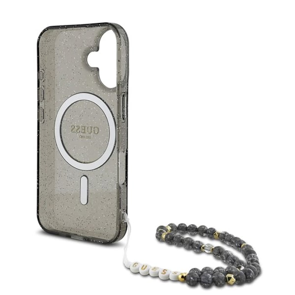 Coque Guess IML Glitter med pärlarmband MagSafe för iPhone 16 (Svart)