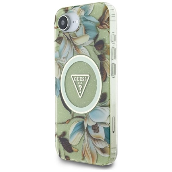 Coque Guess IML Metal Glitter Blommor Triangel MagSafe för iPhone 16e (grön)