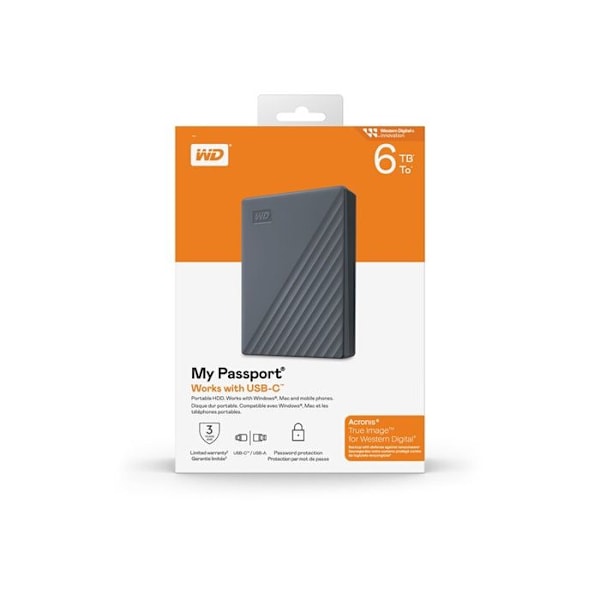 Extern bärbar hårddisk - WD - My Passport - 6 To - USB-C och USB-A - Lösenordsskydd