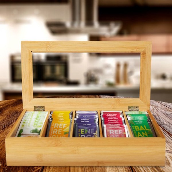 Relaxdays Tealåda, bambu, organiser med 5 fack, kaffekapslar, HxLxB 9 x 37 x 20 cm, natur ljusbrun