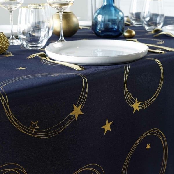Rektangulär duk 150 x 240 cm polyester tryckt med metallisk stjärnmönster i marinblått / guld Marin / Guld