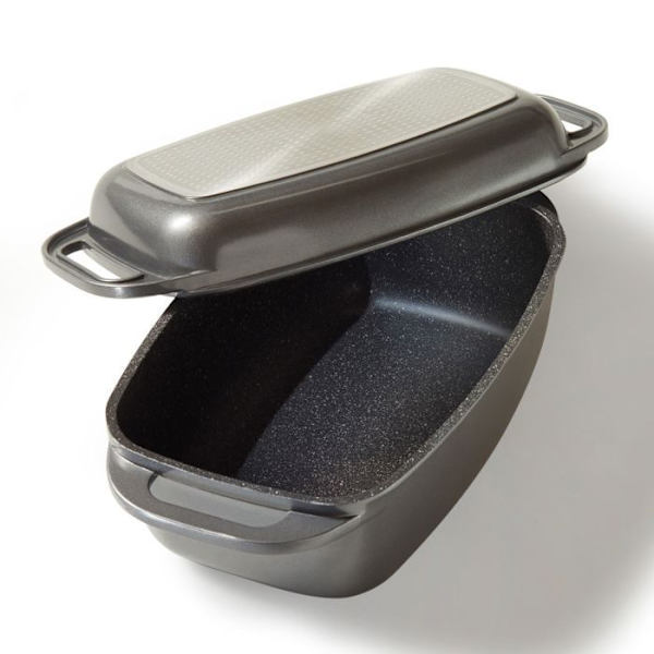 STONELINE® Gryta XXL 40 x 22 cm - med lock av gjutet aluminium som kan användas som ugnsform - Non-stick beläggning