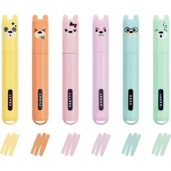 Legami Teddy's Style Mini Highlighter Set om 6 - gul, persika, rosa, lila, ljusblå, ljusgrön - för att markera och understryka mångfärgad