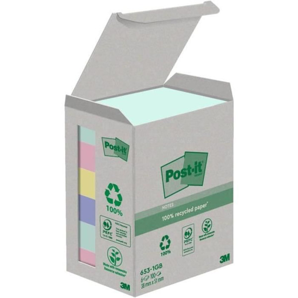 Självhäftande anteckningsblock - POST-IT - Återvinning - 38 x 51 mm - 100 ark - 6 olika färger Blandad
