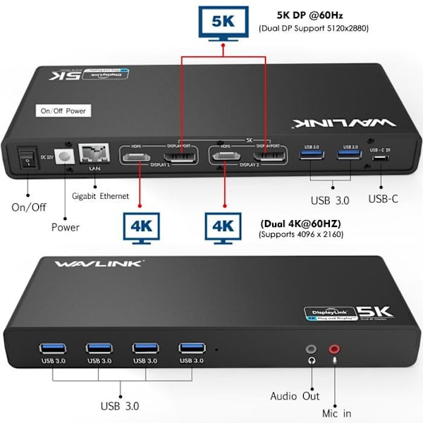 Dockningsstation - portreplikator - Wavlink-stöd - WL-UG69DK1-EU