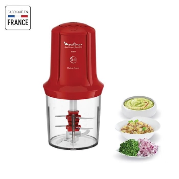 MOULINEX Multimoulinette Mini elektrisk hackare, 500 ml, 6 blad i rostfritt stål, 2 hastigheter, Blender, Tillverkad i Frankrike AT714G32 rubinröd