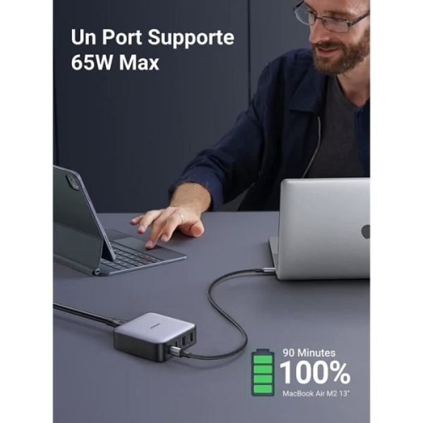 4-portars USB C-laddare med GaN II Tech -UGREEN Nexode 65W - Strömkabel medföljer 2M