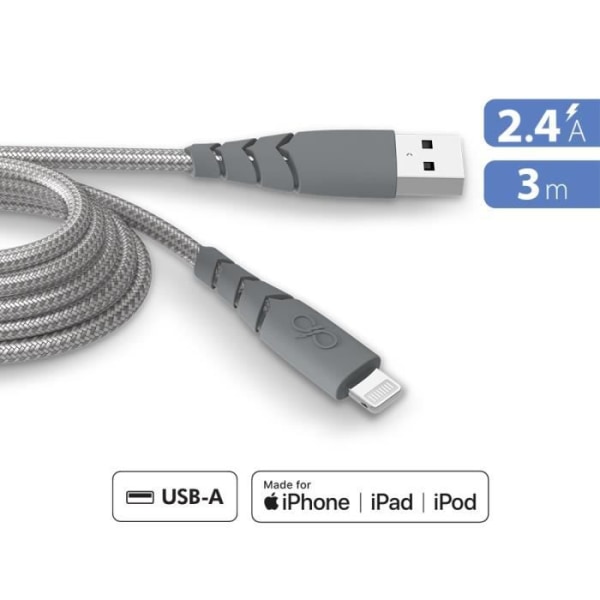 Ultraförstärkt USB A/Lightning-kabel 3m 2,4A Livstidsgaranti Grå - 100 % återvunnen plast Force Power