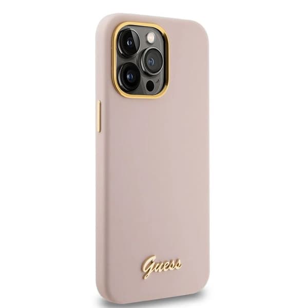 Guess Silicone Script-logotyp och metallram - Fodral för iPhone 15 Pro Max (rosa) Ljusrosa