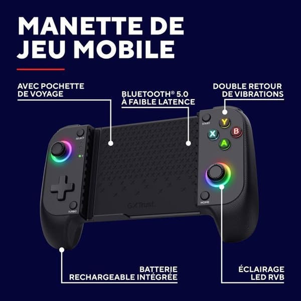 GXTrust Manette Smartphone Bluetooth - Trust GXT 735 Mylox - Android/iPhone/PS5/Xbox - RGB - Dubbel vibration - Svart Svart