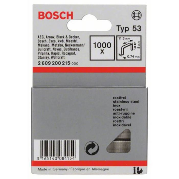 Klammer i rostfritt stål 8x11,4 mm n°53 - BOSCH - Förpackning om 1000 - Lämplig för textilier Grå