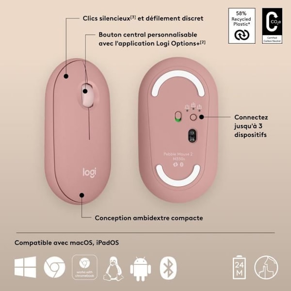 Mus - Trådlös - Logitech - Pebble Mouse 2 M350s - Rosa
