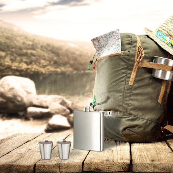 Relaxdays 7-delade kolvset i rostfritt stål med kolv 200 ml tratt och mätkopp Festival Camping, Silver silver, svart