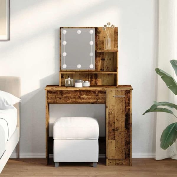 Coiffeuse med LED gammalt trä 86,5x35x136 cm