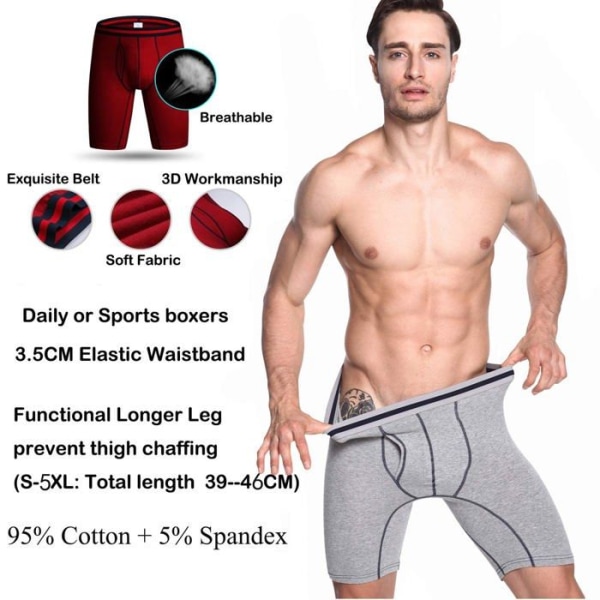 Nuofengkudu Men Pack Pack med 3 och 4 Boxershorts Lång Mjuk bomull Stretch Sportunderkläder Trosor Kalsonger Rosso/Grau/Blu Chiaro XL